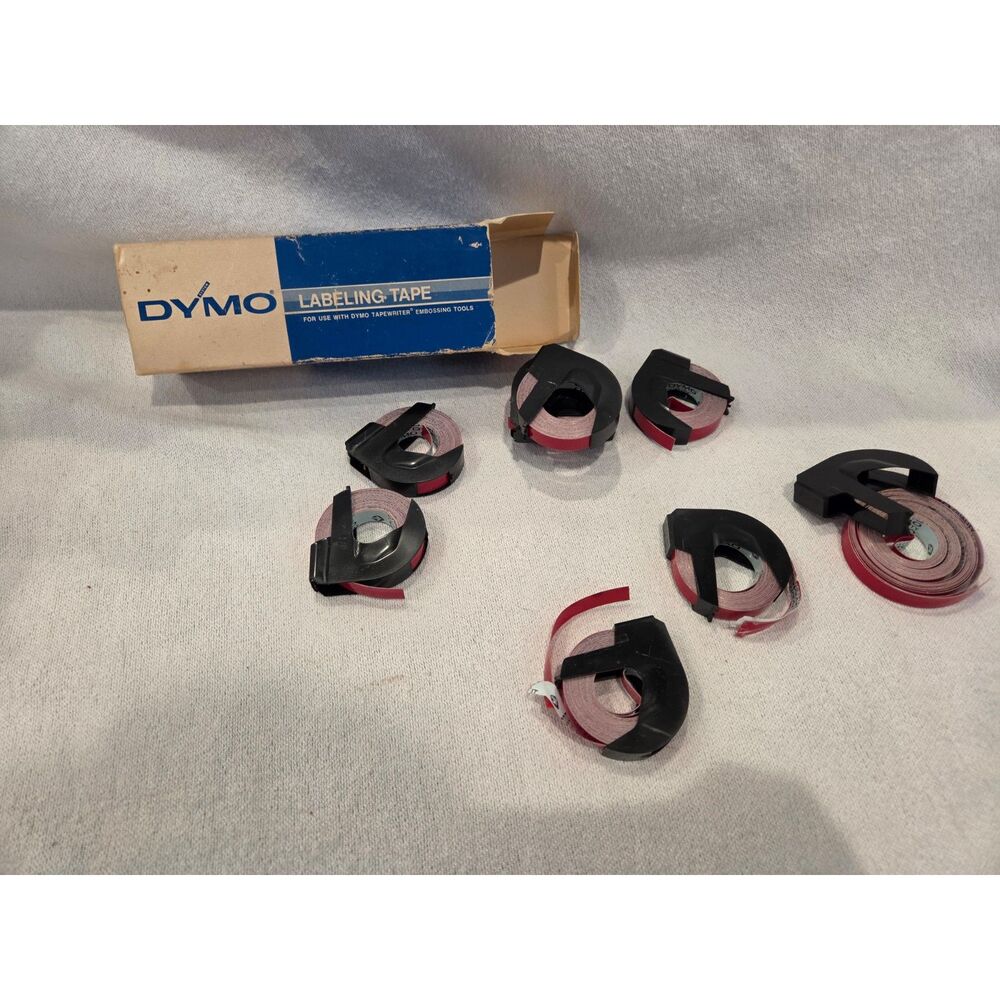 Lot of 7 Vintage Dymo 3/8 Inch Embossing label Tape Red Vinyl Rolls & Box